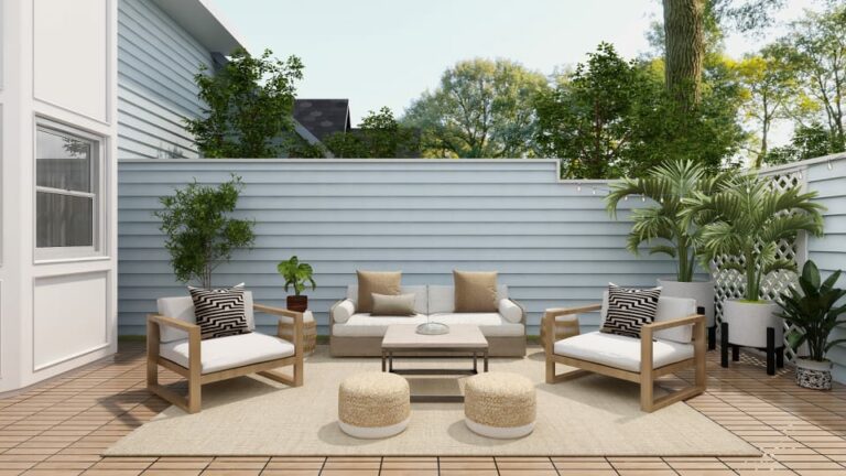 outdoor deck furniture in an upscale urban backyard