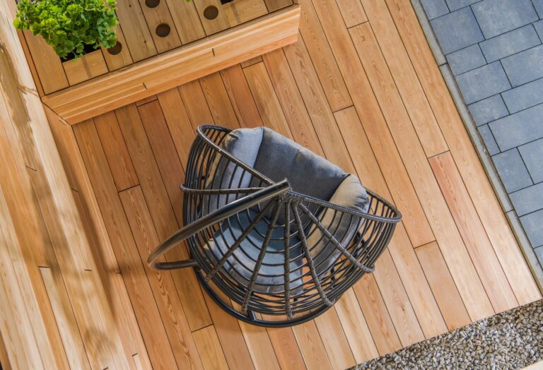 A bird's eye view of a floating deck and a mamasan chair.