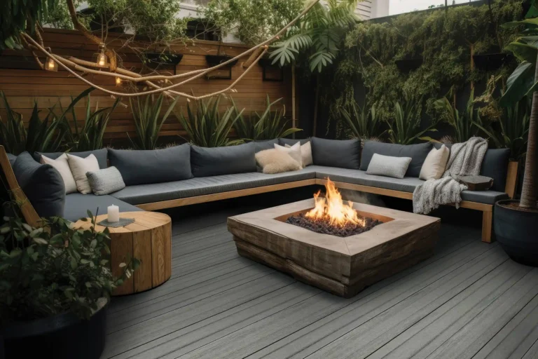 photo of a composite deck with outdoor furniture and fire table - Price of Composite Decking in Michigan