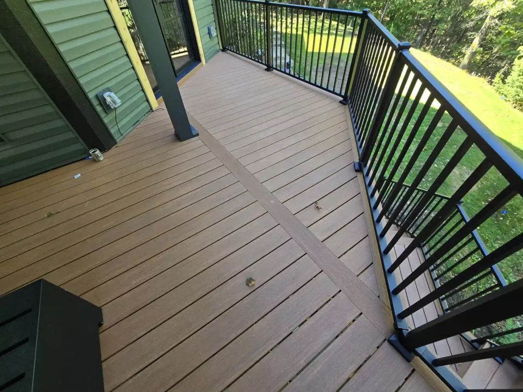 Expansive deck with a covered outdoor lounge area.