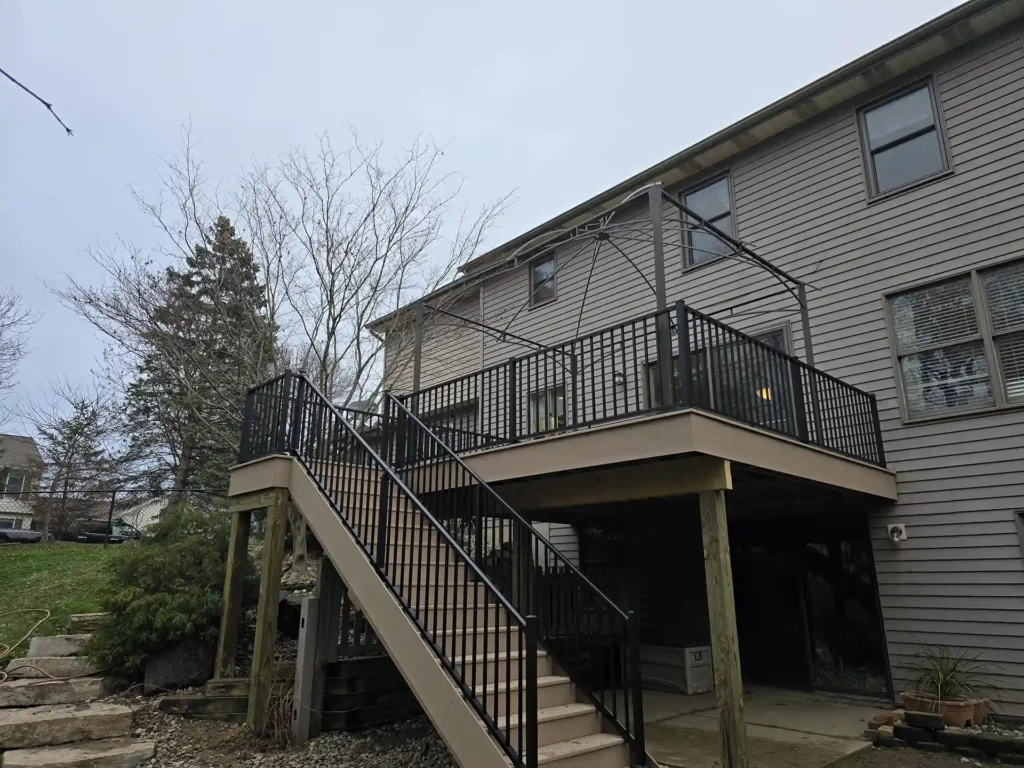 photo of Newly built deck with TimberTech decking and black Westbury railings