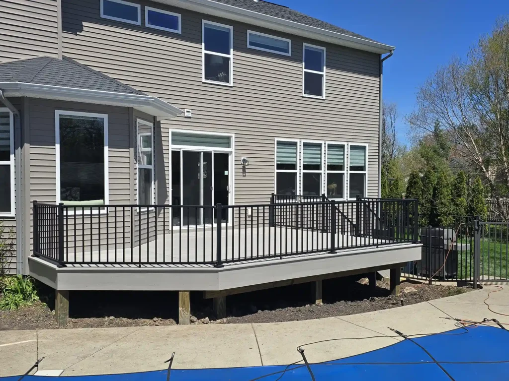 Wide-angle shot of the deck and pool area.