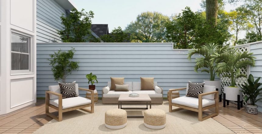 outdoor deck furniture in an upscale urban backyard